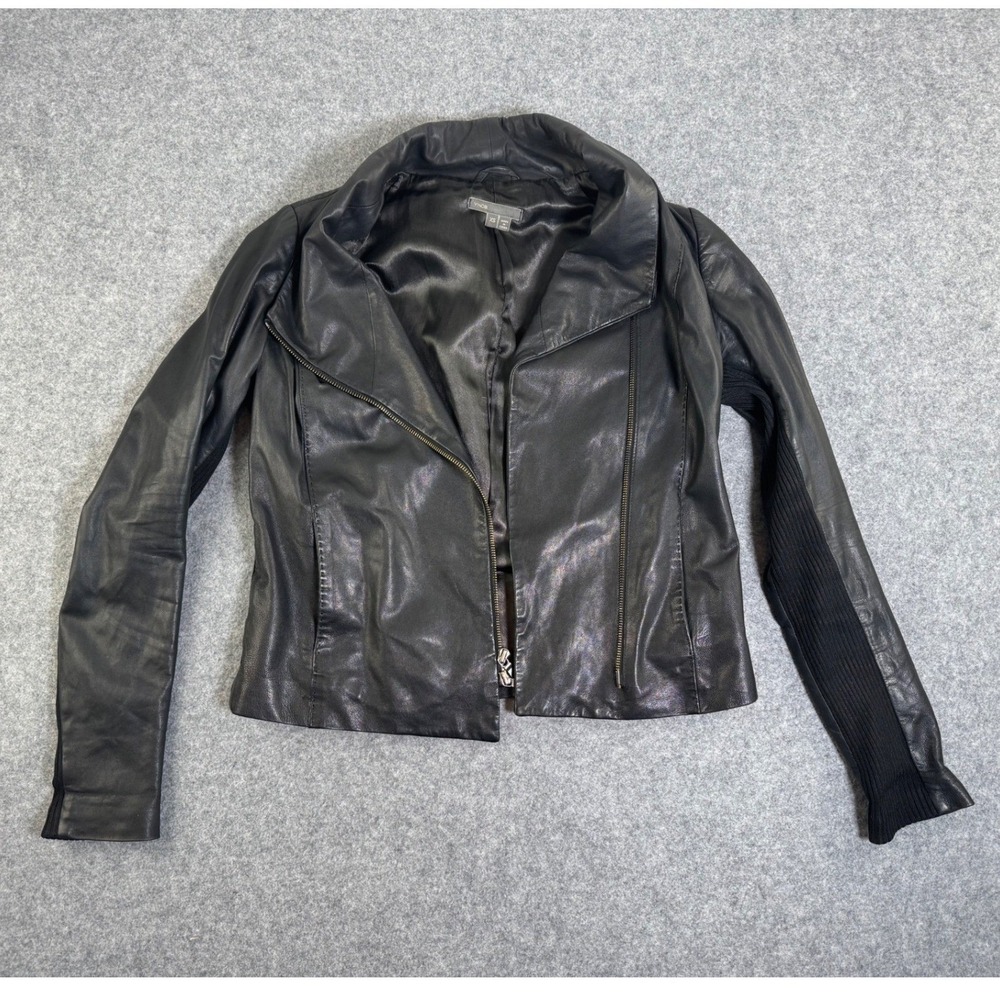 Vince Black Leather Asymmetrical Zip Jacket Ribbed Knit Panels XS